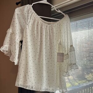 1. State White Ruffle Sleeve Polka Dot Blouse